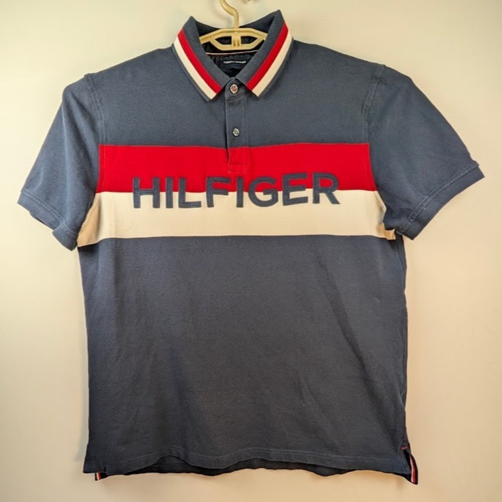 Tommy Hilfiger Polo Shirt Mens XL Navy Blue Colorblock Logo Short Sleeve Stretch